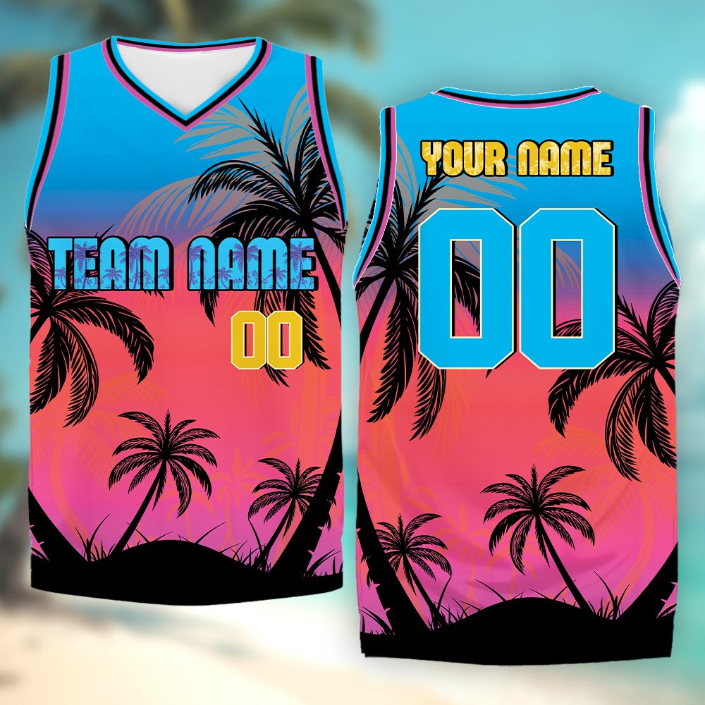 Sleeveless custom name basketball jersey with palm trees, front view