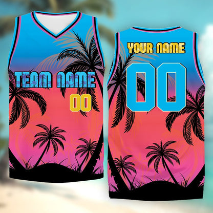 Sleeveless custom name basketball jersey with palm trees, front view