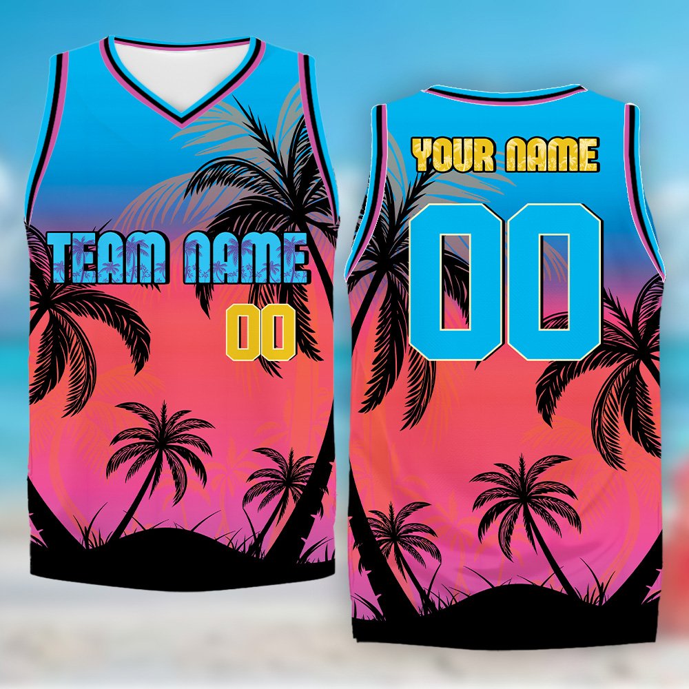 Tropical sunset basketball jersey front view showing custom details
