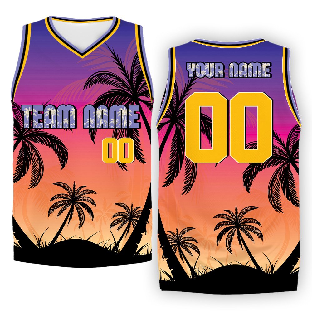 Personalized basketball jersey with custom name and number in tropical sunset design, front view