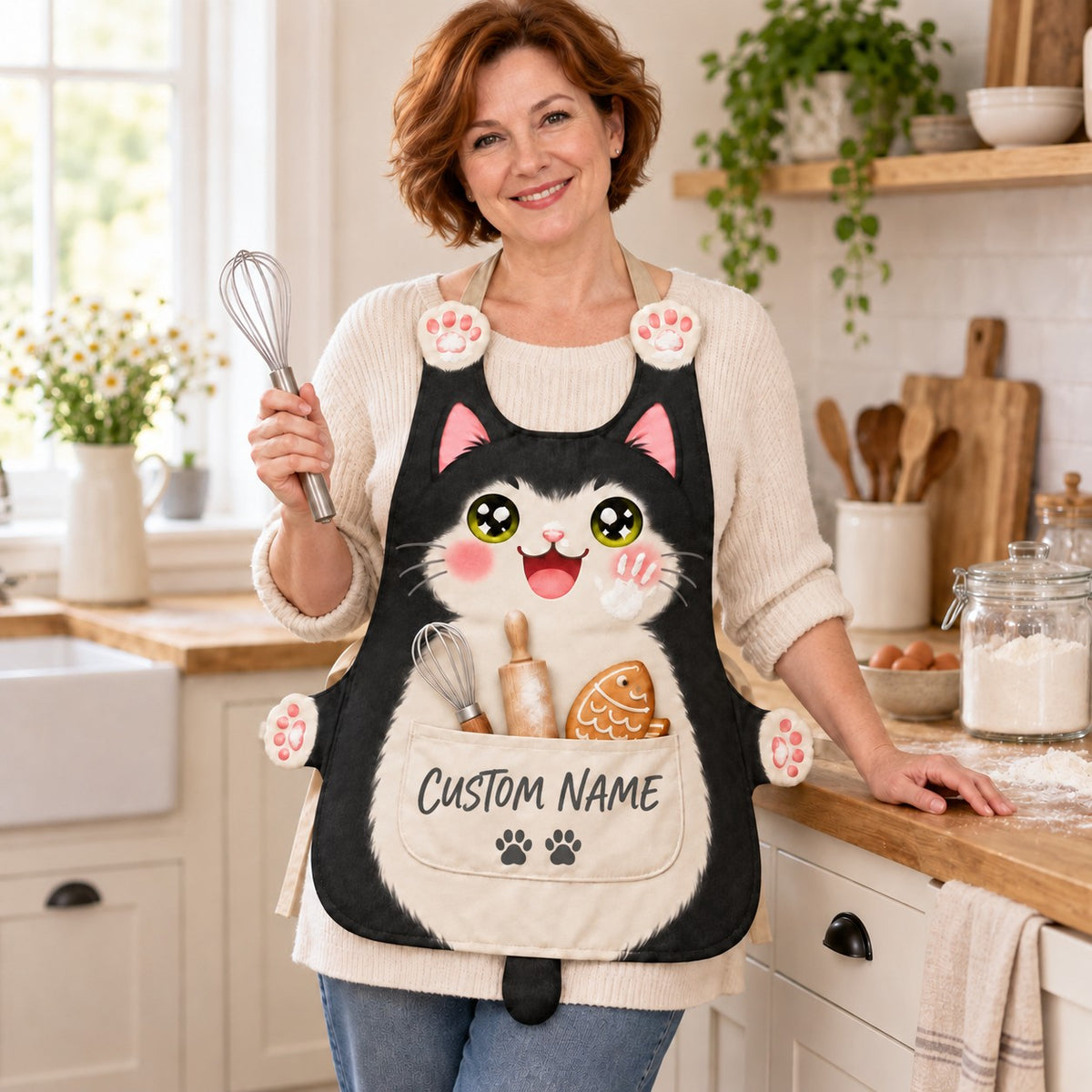 Personalized cat apron with custom name on the pocket, black tuxedo cat, Baker Cat design: a cheerful floury cat with a whisk, rolling pin and fish cookie in the pocket
