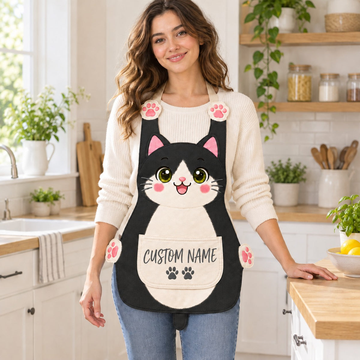 Personalized cat apron with custom name on the pocket, black tuxedo cat, Classic design: a classic smiling cat face with a big cream belly pocket