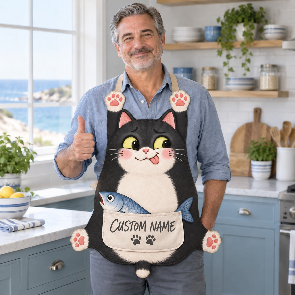 Personalized cat apron with custom name on the pocket, black tuxedo cat, Fish Snatcher design: a sneaky cat with its tongue out and a stolen blue fish tucked in the pocket