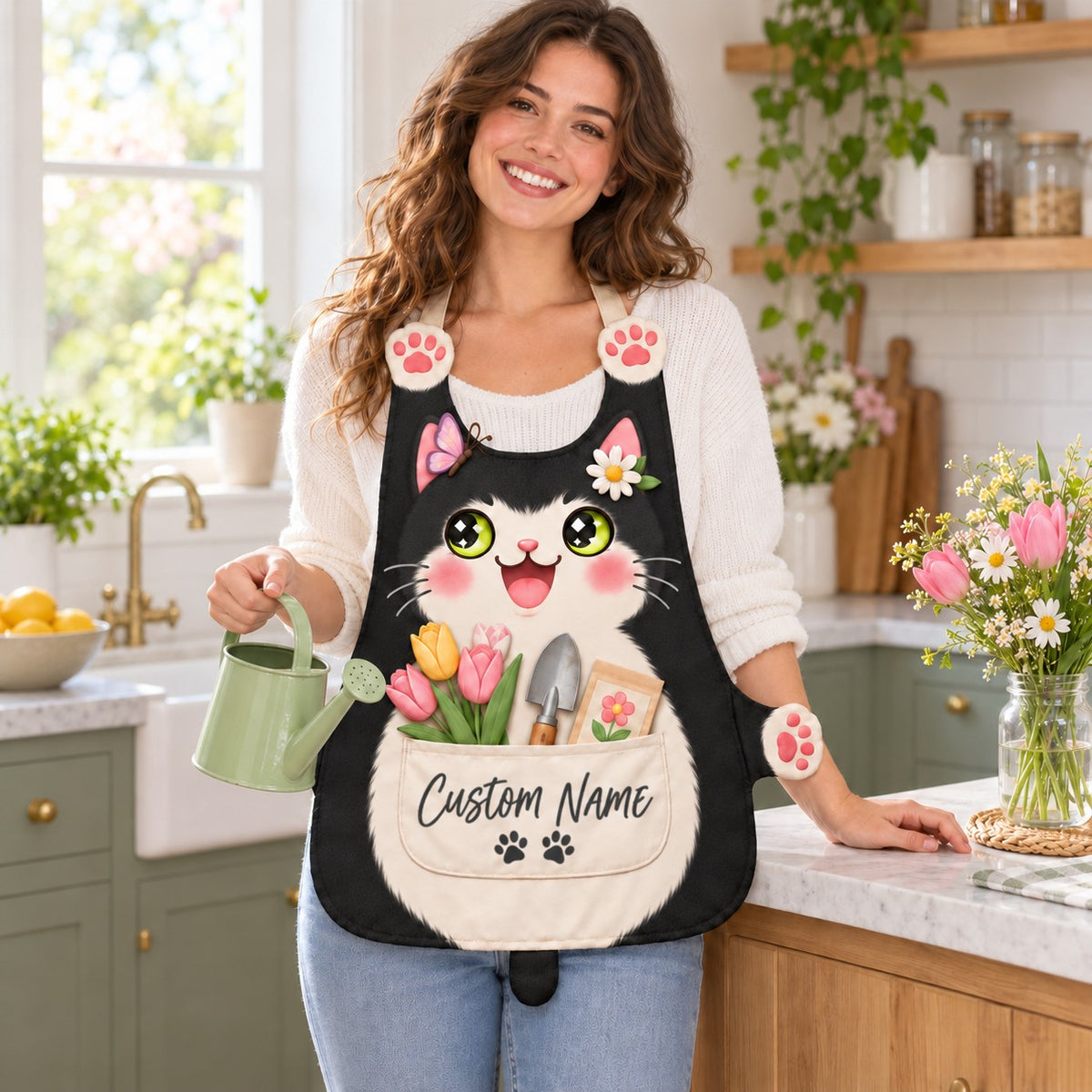 Personalized cat apron with custom name on the pocket, black tuxedo cat, Garden Cat design: a happy cat with a butterfly and daisy, tulips and a garden trowel in the pocket