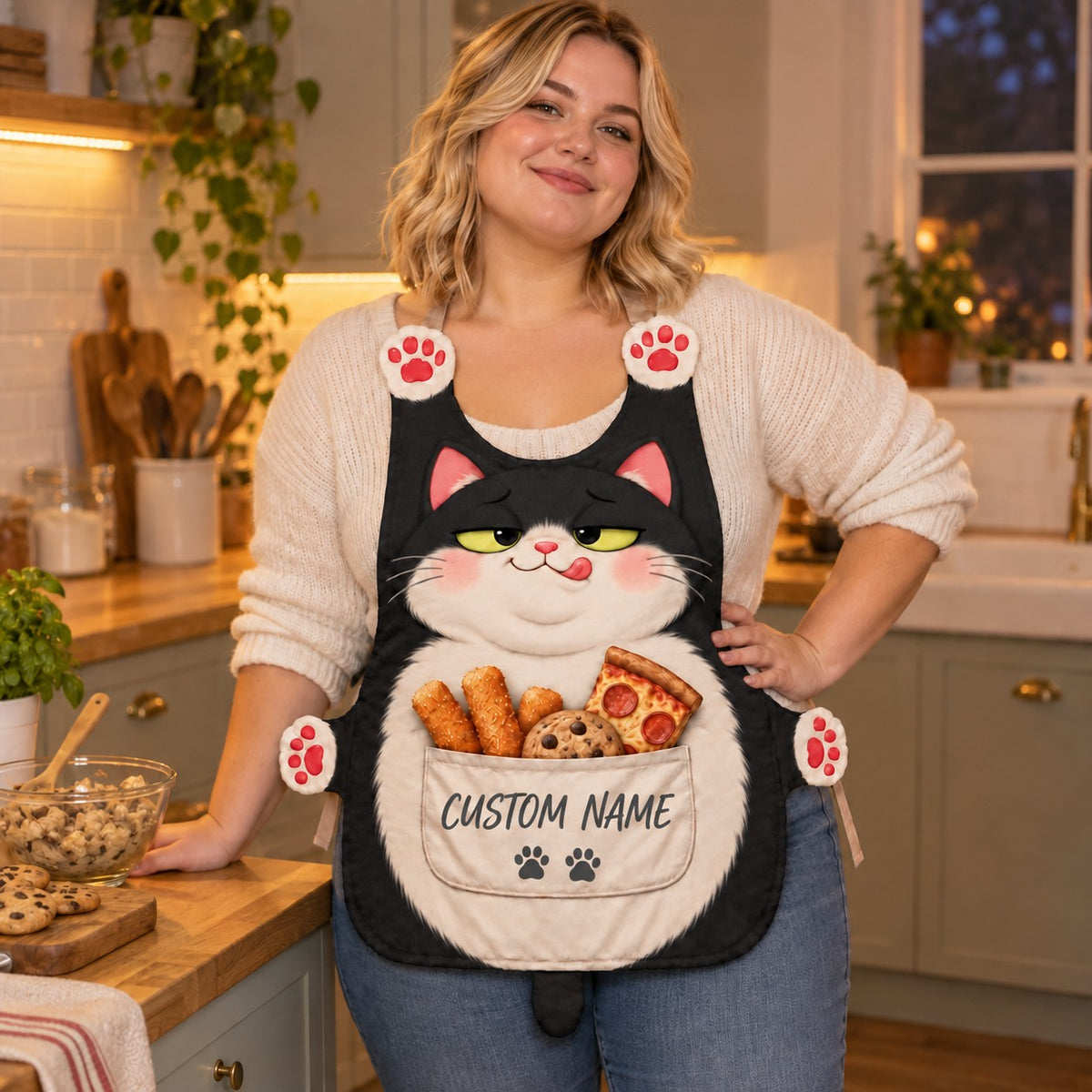Personalized cat apron with custom name on the pocket, black tuxedo cat, Lazy Snacker design: a chubby lazy cat licking its lips with fish sticks, a cookie and pizza in the pocket