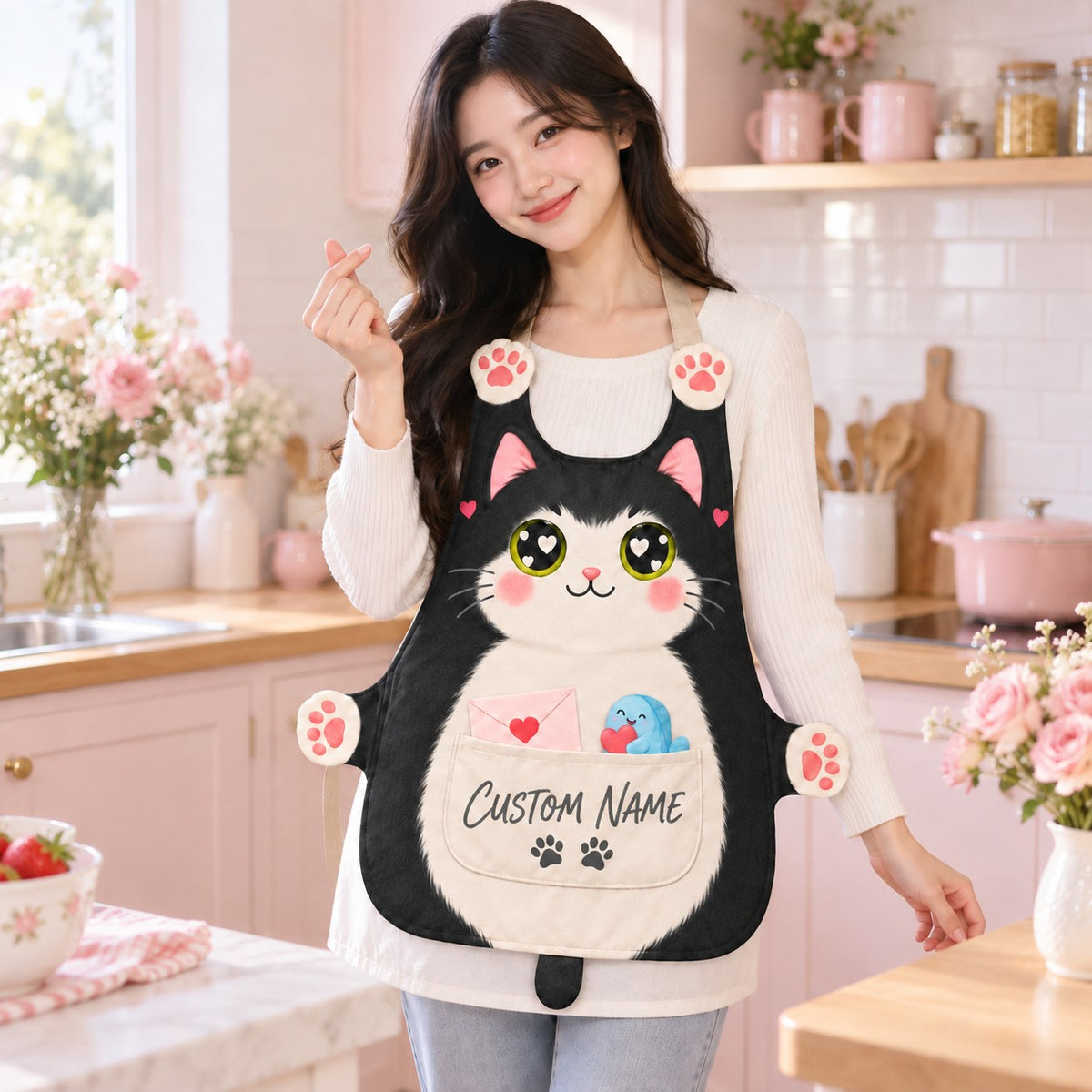 Personalized cat apron with custom name on the pocket, black tuxedo cat, Love Cat design: a cat with heart-shaped eyes, a love letter and a little fish hugging a heart