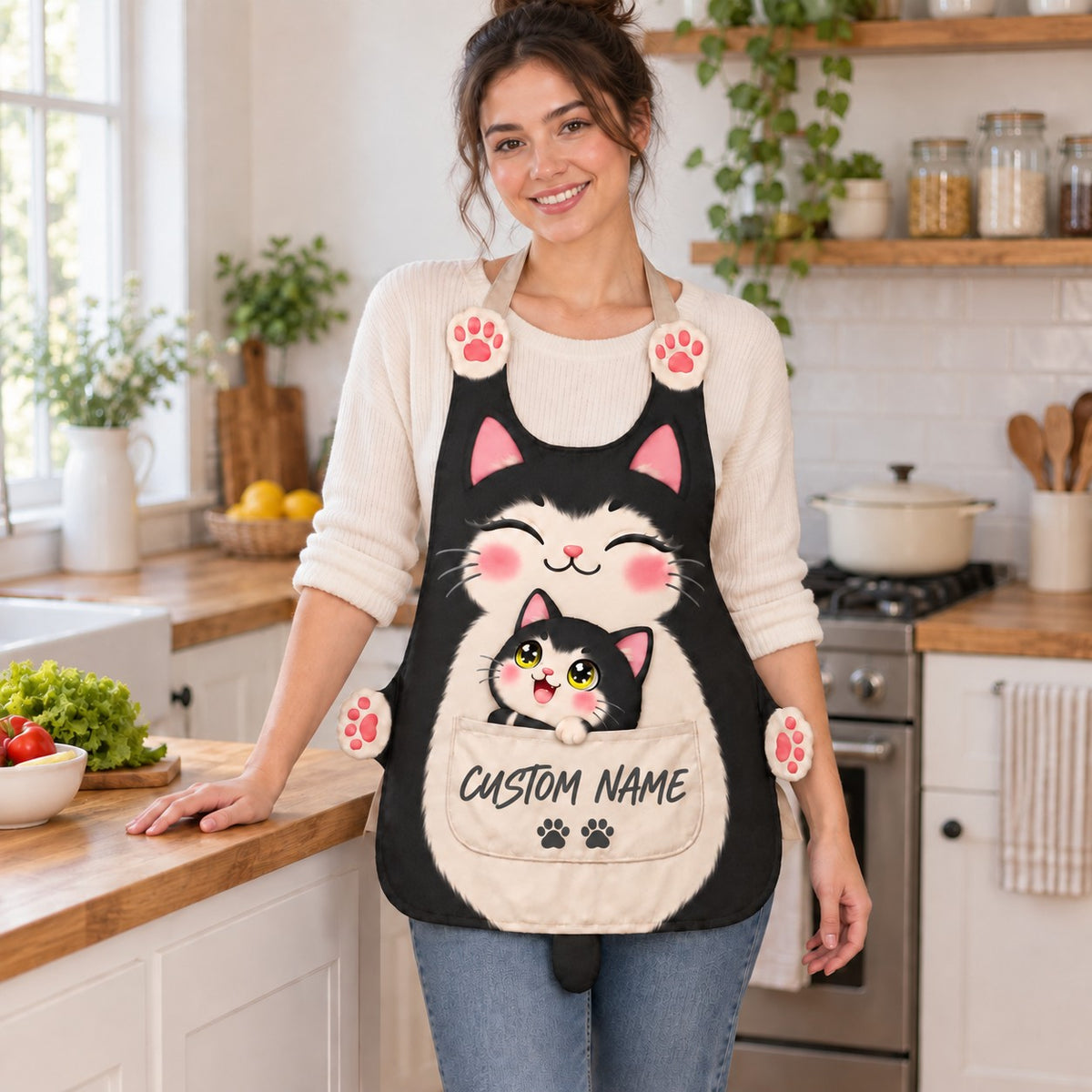 Personalized cat apron with custom name on the pocket, black tuxedo cat, Mama & Kitten design: a smiling mama cat with a tiny kitten peeking out of the pocket