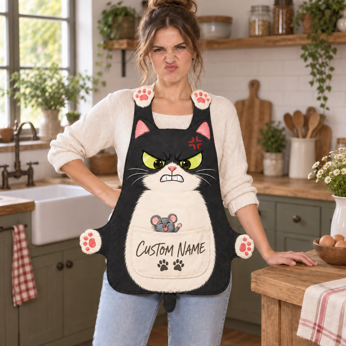 Personalized cat apron with custom name on the pocket, black tuxedo cat, Mouse Tease design: an angry cat glaring at a cheeky grey mouse sticking its tongue out from the pocket