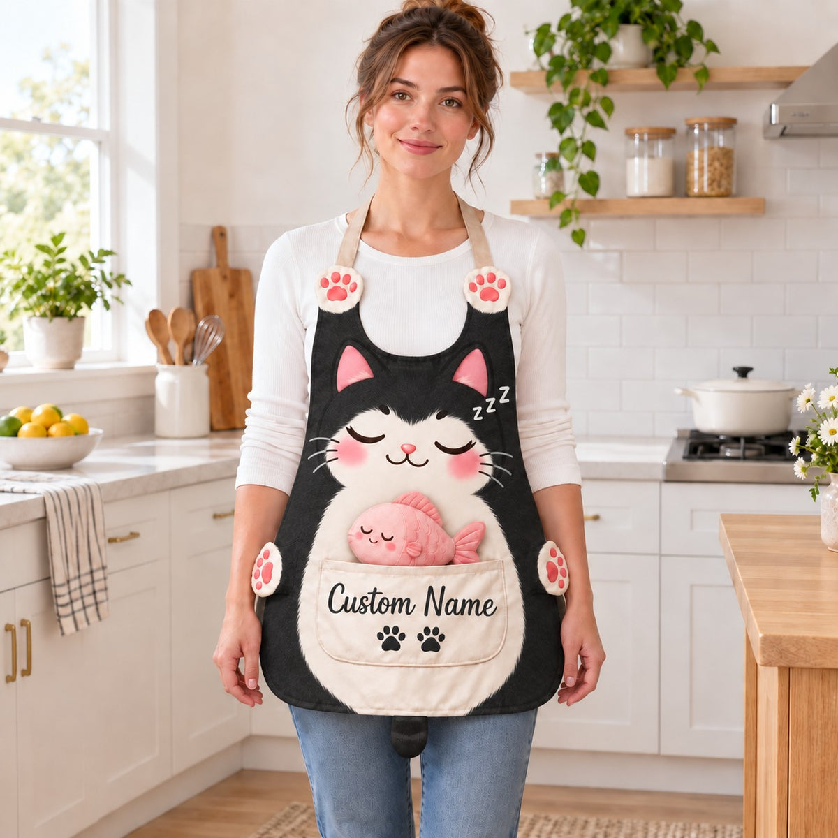 Personalized cat apron with custom name on the pocket, black tuxedo cat, Sleepy Fish design: a sleeping cat with rosy cheeks and a plush pink fish napping in the pocket