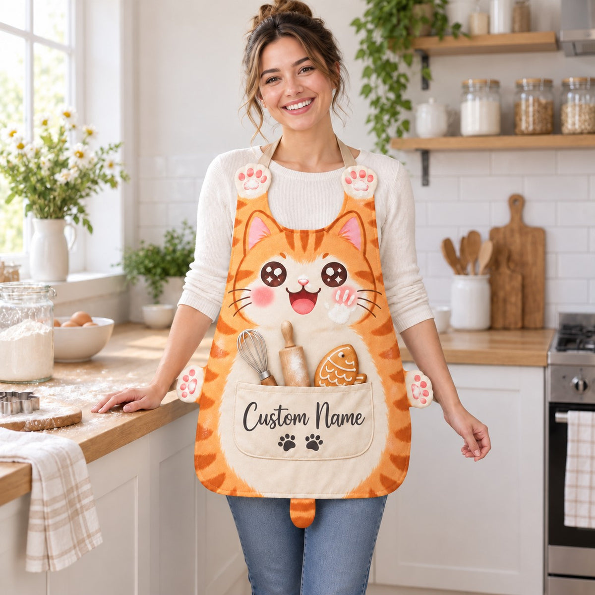Personalized cat apron with custom name on the pocket, orange tabby cat, Baker Cat design: a cheerful floury cat with a whisk, rolling pin and fish cookie in the pocket