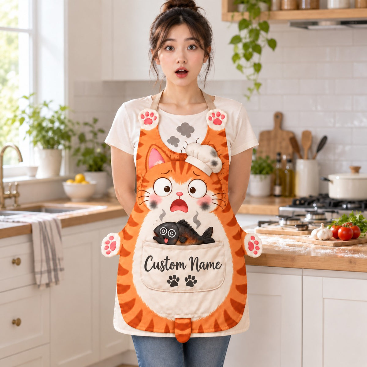 Personalized cat apron with custom name on the pocket, orange tabby cat, Burnt Chef design: a shocked cat with a sooty chef hat and a burnt smoking fish in the pocket