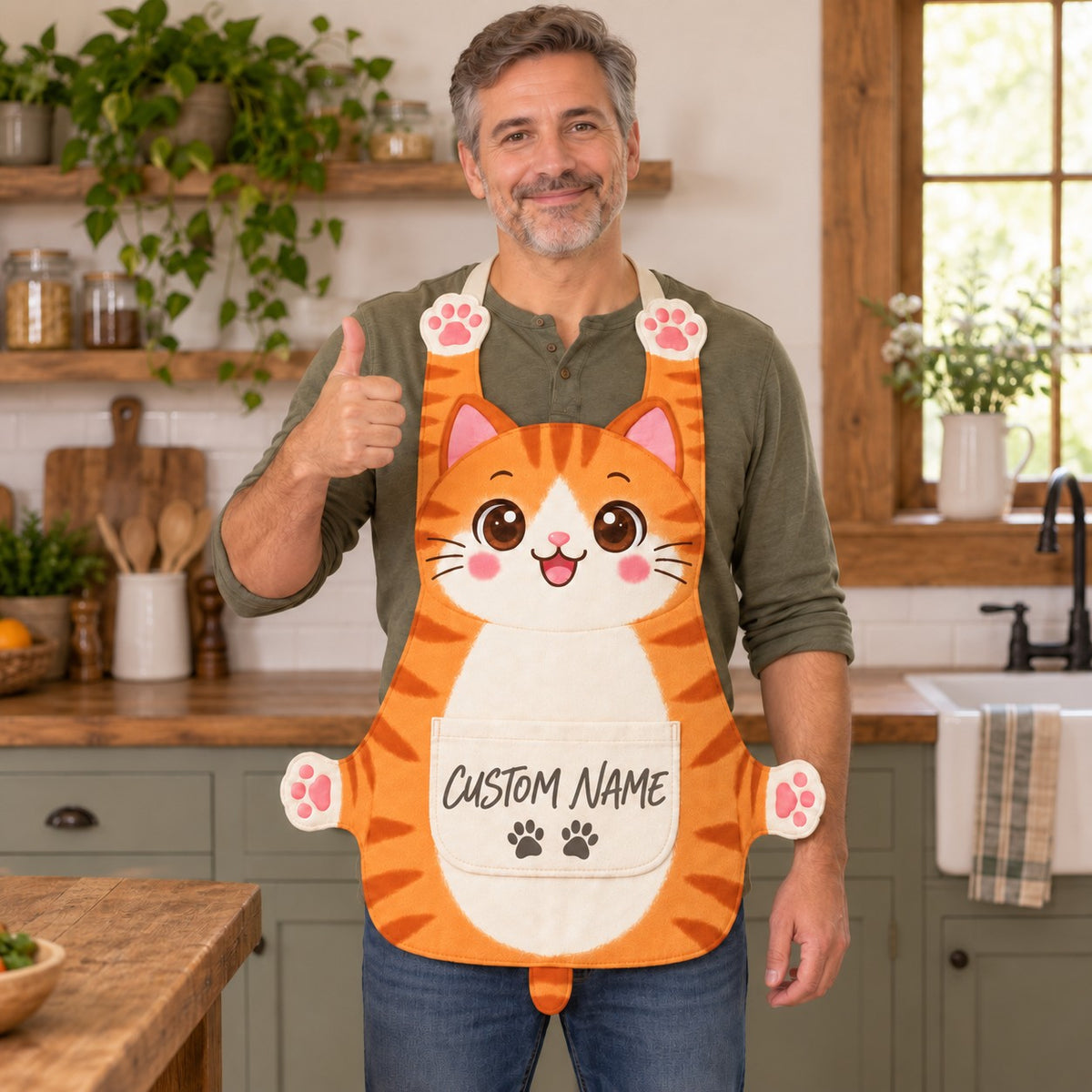 Personalized cat apron with custom name on the pocket, orange tabby cat, Classic design: a classic smiling cat face with a big cream belly pocket