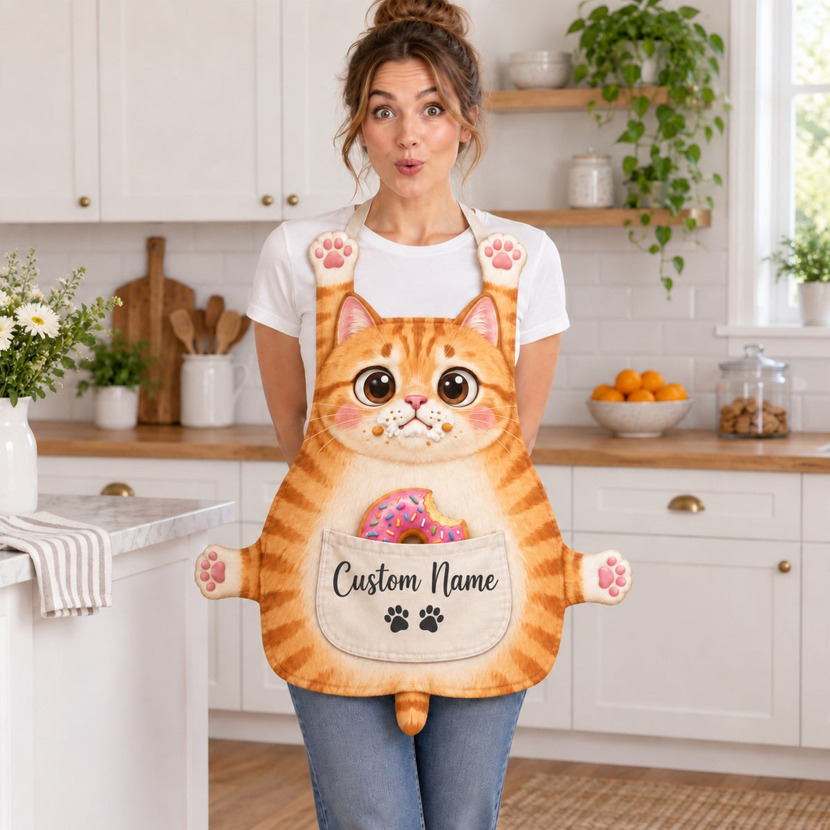 Personalized cat apron with custom name on the pocket, orange tabby cat, Donut Thief design: a guilty cat with crumbs on its mouth and a half-eaten pink donut in the pocket
