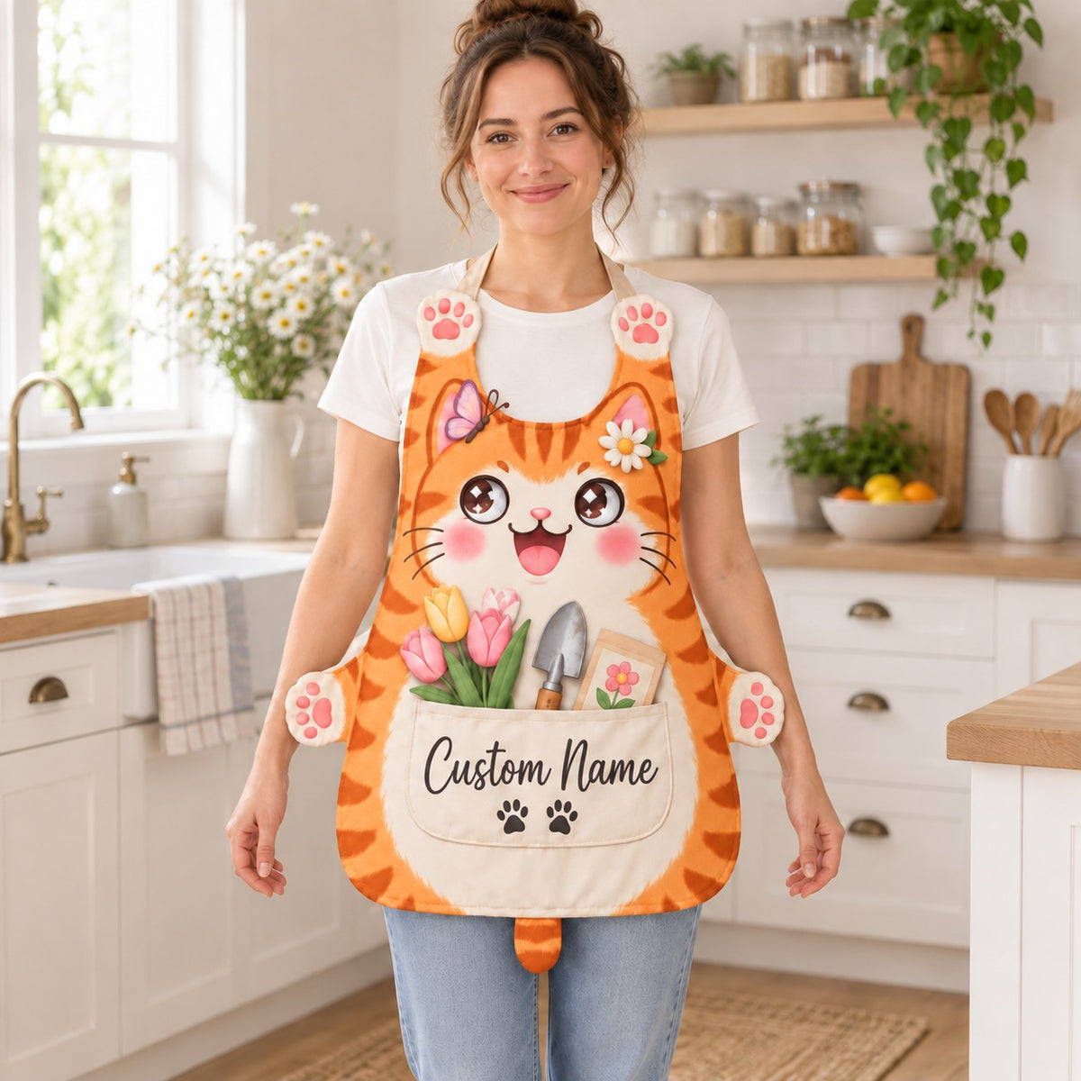 Personalized cat apron with custom name on the pocket, orange tabby cat, Garden Cat design: a happy cat with a butterfly and daisy, tulips and a garden trowel in the pocket