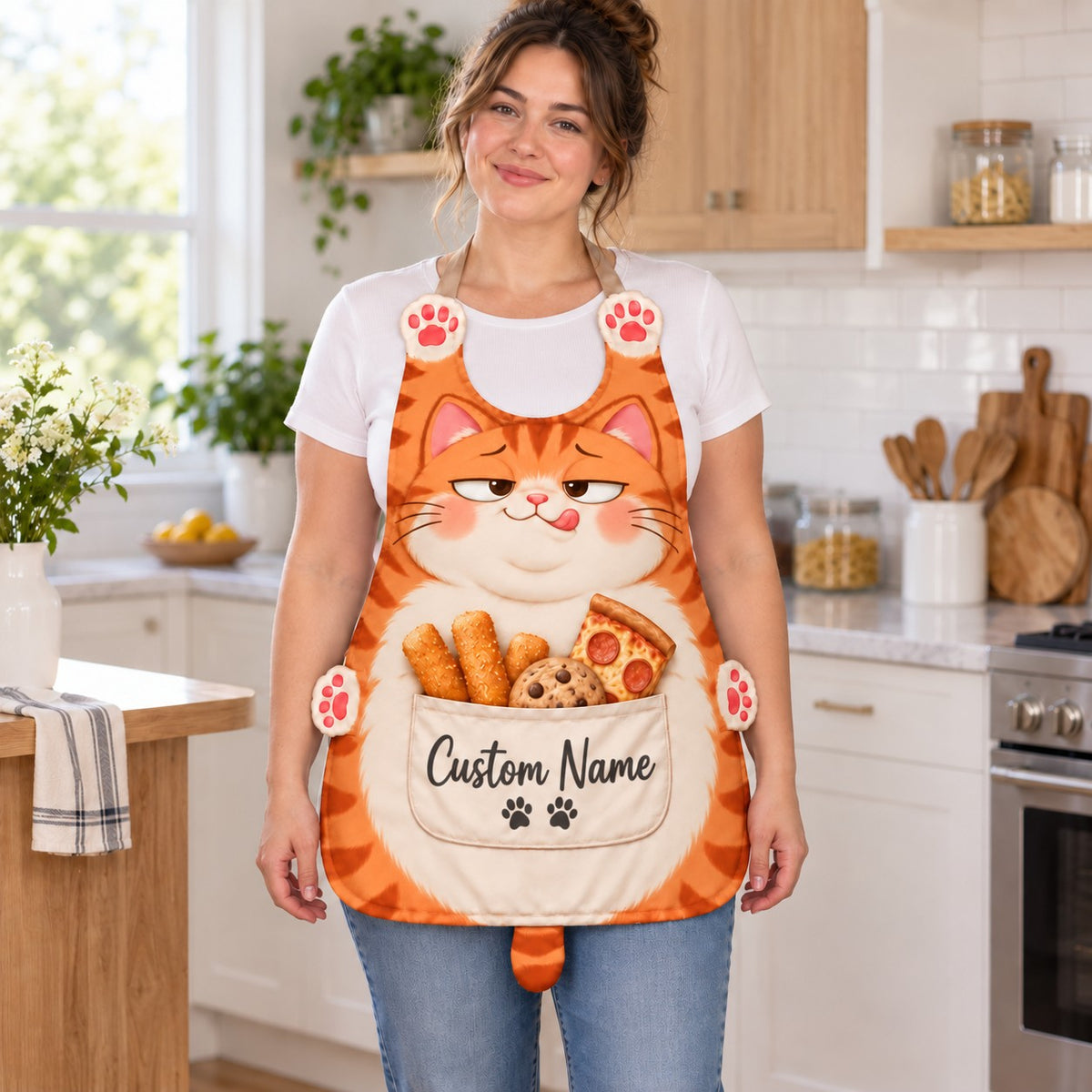 Personalized cat apron with custom name on the pocket, orange tabby cat, Lazy Snacker design: a chubby lazy cat licking its lips with fish sticks, a cookie and pizza in the pocket