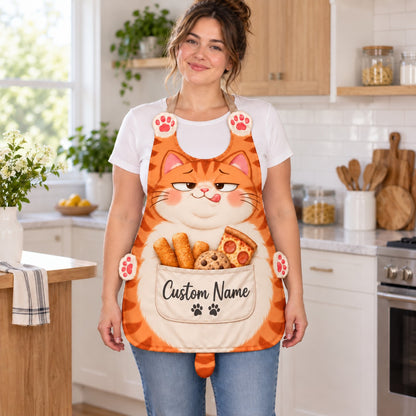 Personalized cat apron with custom name on the pocket, orange tabby cat, Lazy Snacker design: a chubby lazy cat licking its lips with fish sticks, a cookie and pizza in the pocket
