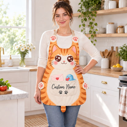 Personalized cat apron with custom name on the pocket, orange tabby cat, Love Cat design: a cat with heart-shaped eyes, a love letter and a little fish hugging a heart