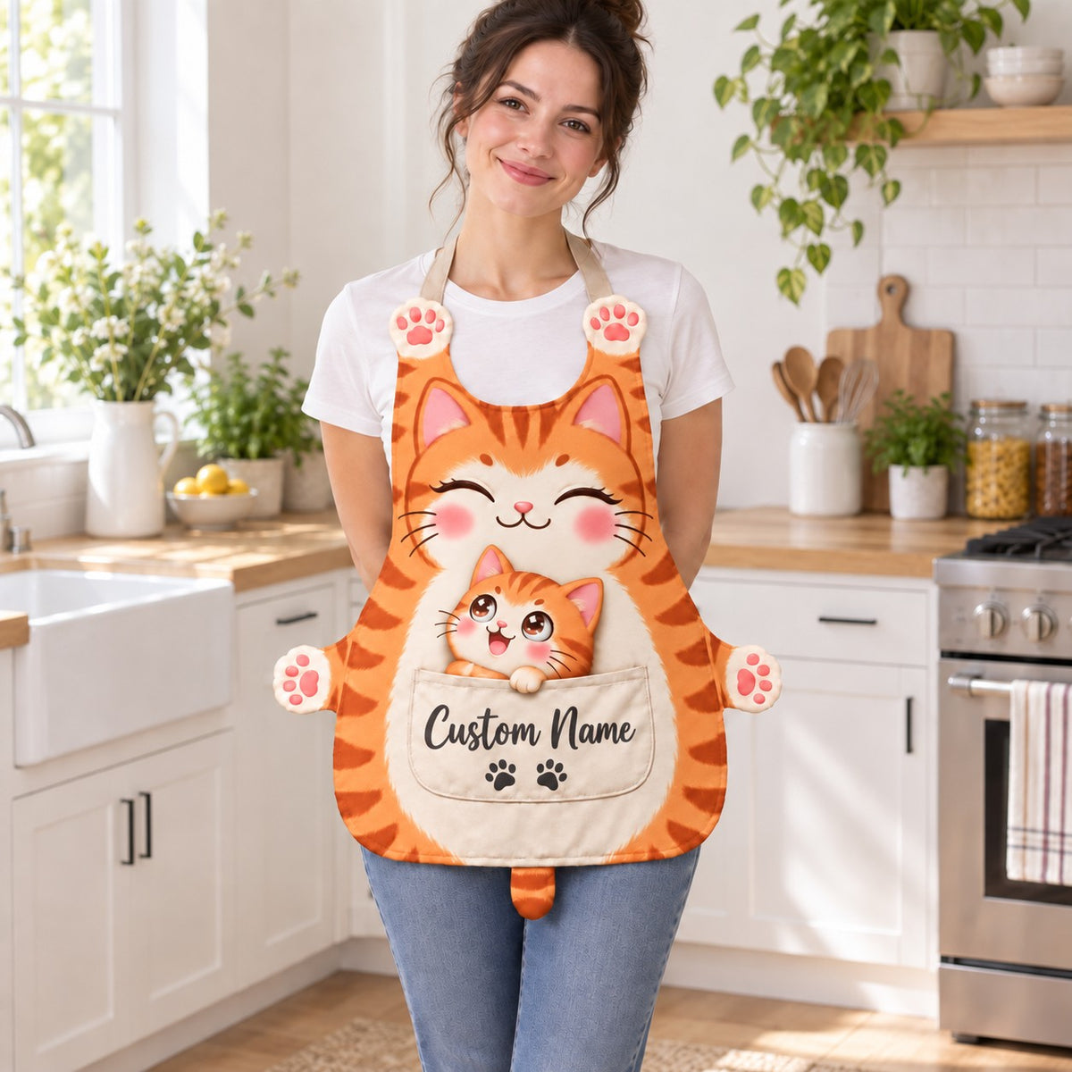 Personalized cat apron with custom name on the pocket, orange tabby cat, Mama & Kitten design: a smiling mama cat with a tiny kitten peeking out of the pocket