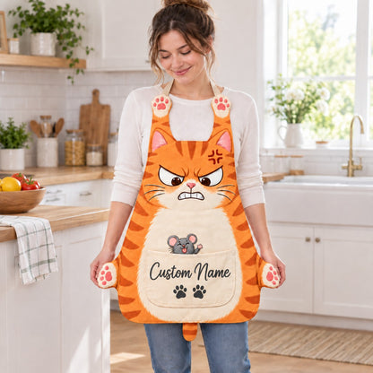 Personalized cat apron with custom name on the pocket, orange tabby cat, Mouse Tease design: an angry cat glaring at a cheeky grey mouse sticking its tongue out from the pocket