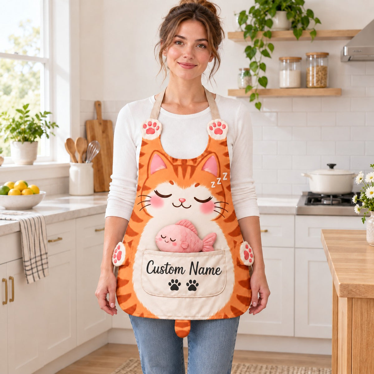 Personalized cat apron with custom name on the pocket, orange tabby cat, Sleepy Fish design: a sleeping cat with rosy cheeks and a plush pink fish napping in the pocket