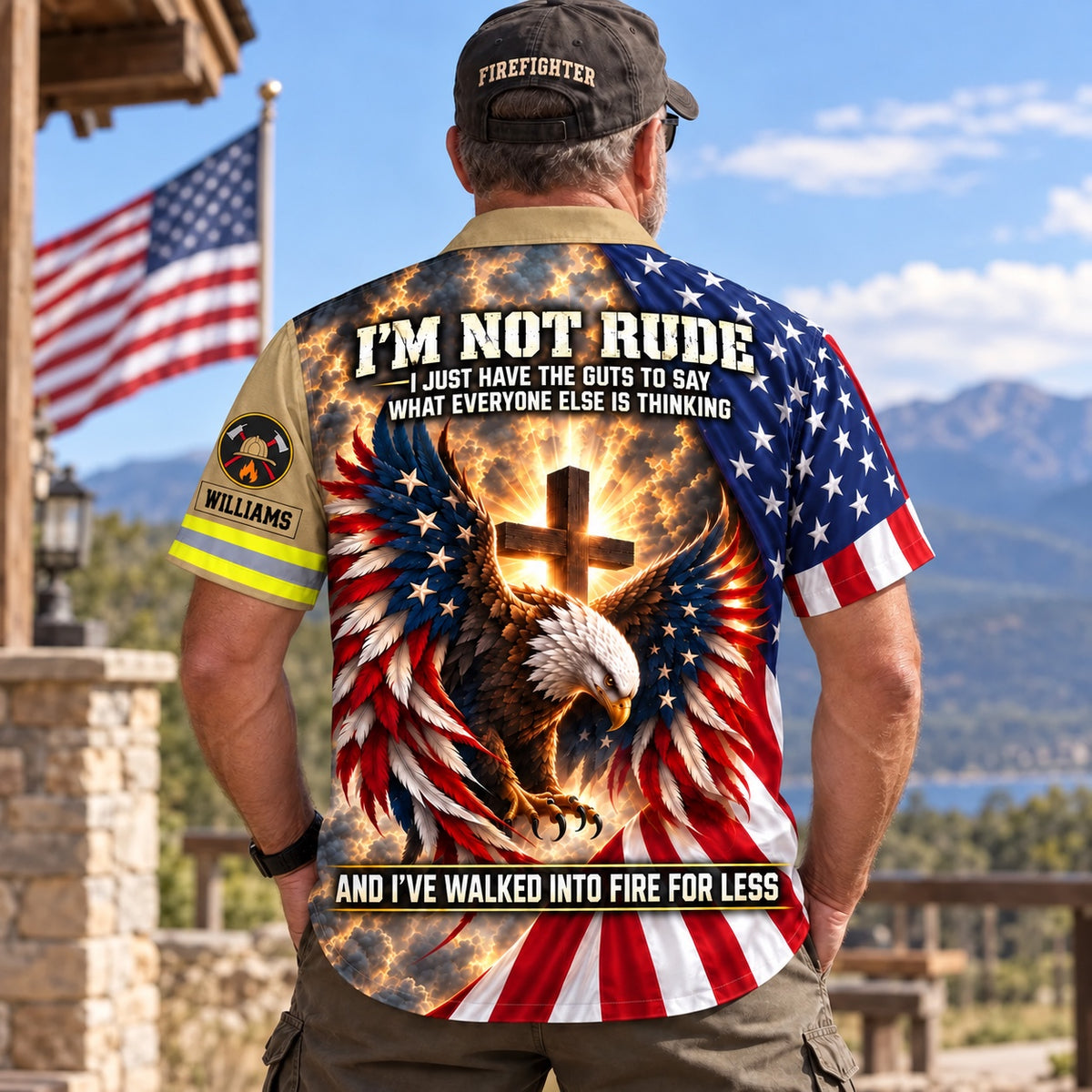 Man in a firefighter cap wearing the personalized I'm Not Rude eagle and cross Hawaiian shirt on a mountain lodge deck, back view