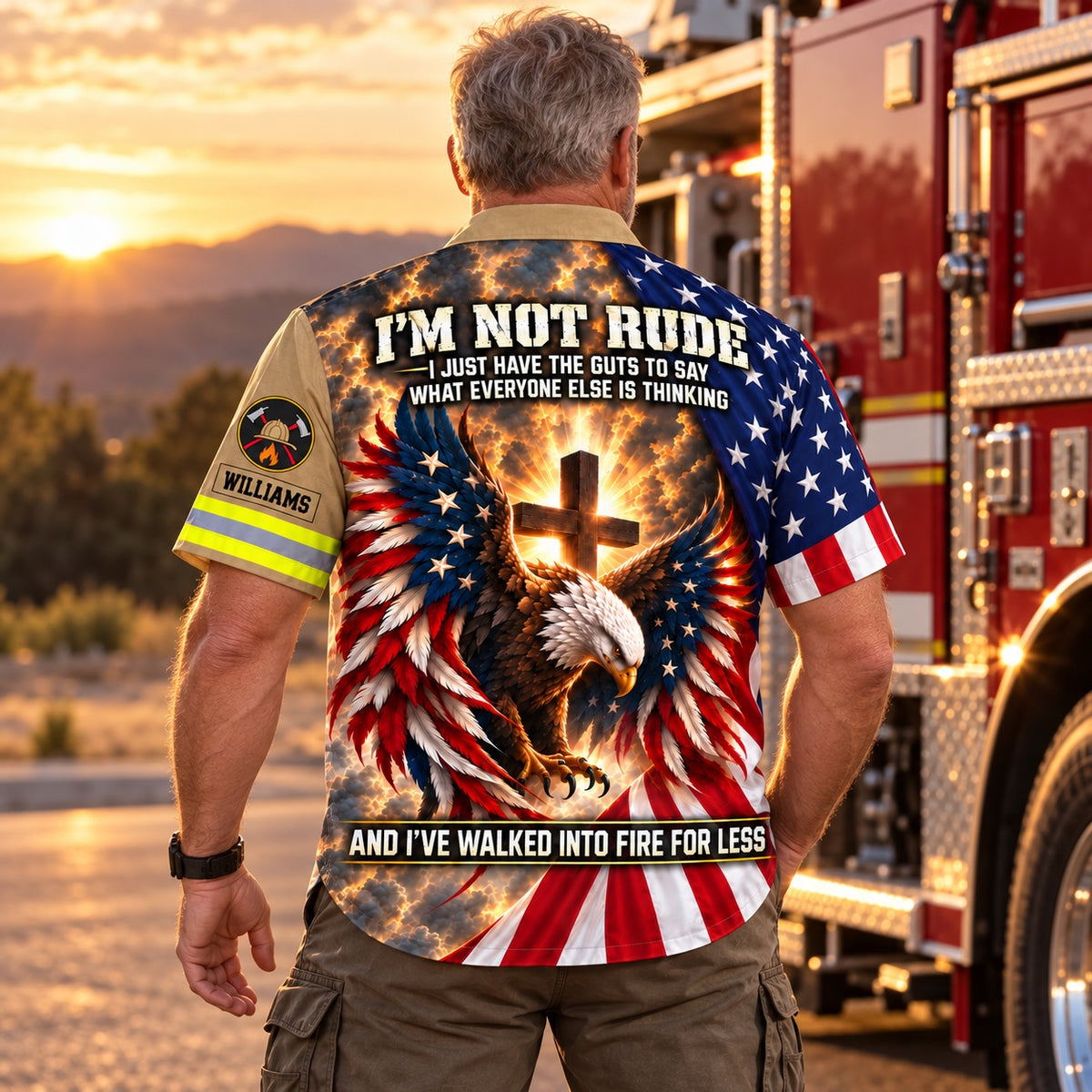 Firefighter beside a fire engine at sunset wearing the personalized I'm Not Rude Hawaiian shirt, back view