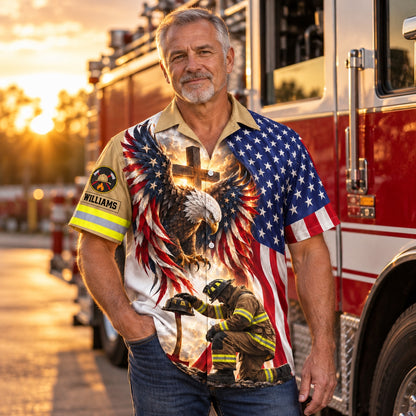 Firefighter standing by his truck at sunset in the personalized eagle and cross Hawaiian shirt, front view