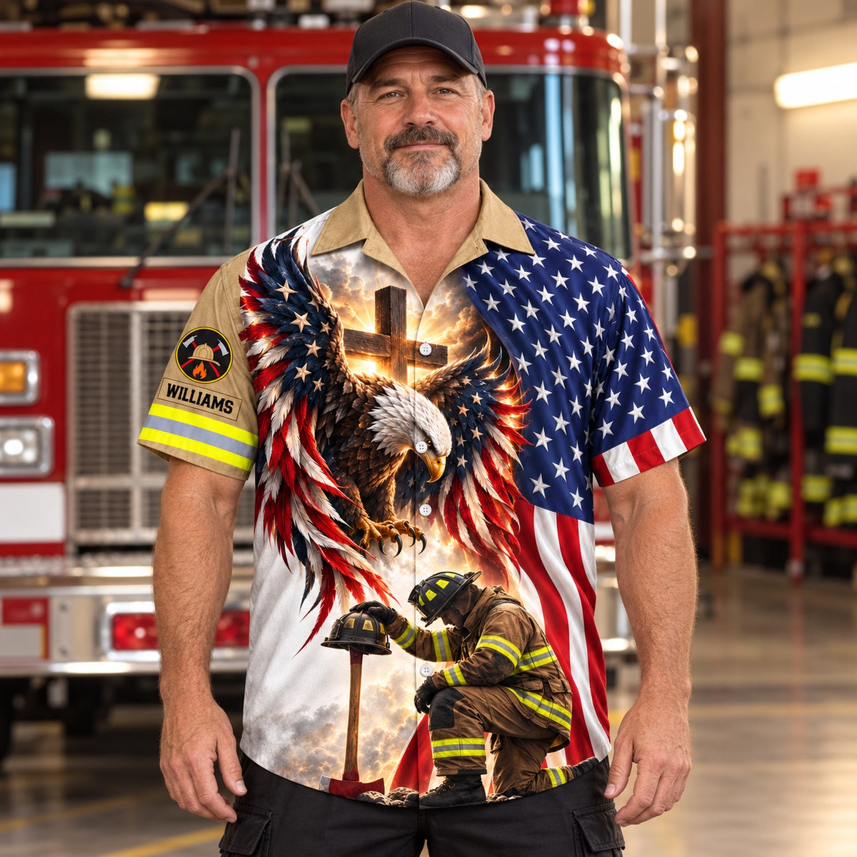 Firefighter style, front: American flag eagle, glowing cross and a kneeling firefighter at a helmet-and-axe memorial