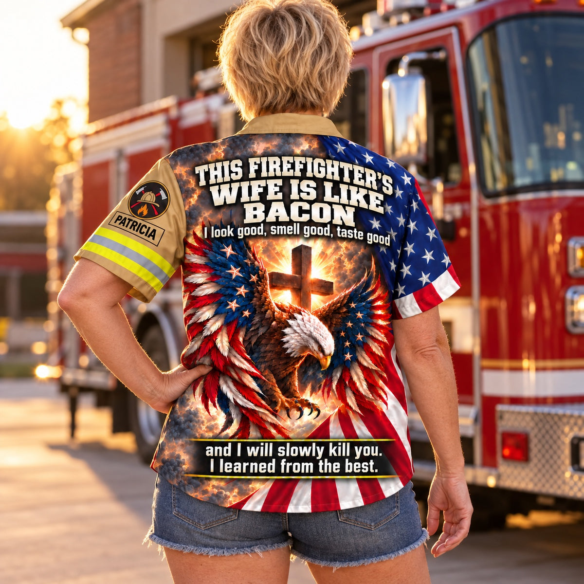 Woman in front of a fire truck at sunset wearing the personalized Firefighter's Wife Is Like Bacon Hawaiian shirt, back view