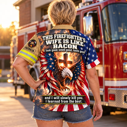 Woman in front of a fire truck at sunset wearing the personalized Firefighter's Wife Is Like Bacon Hawaiian shirt, back view