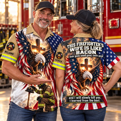 Firefighter couple in matching personalized eagle and cross Hawaiian shirts with custom names, front and back views