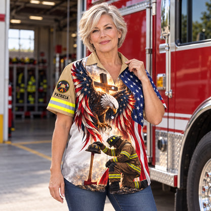 Front of the personalized firefighter's wife Hawaiian shirt: American flag eagle, glowing cross and kneeling firefighter, custom name on the sleeve badge