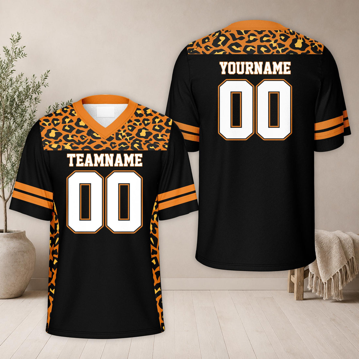 Front view of black animal print football jersey showing tiger pattern