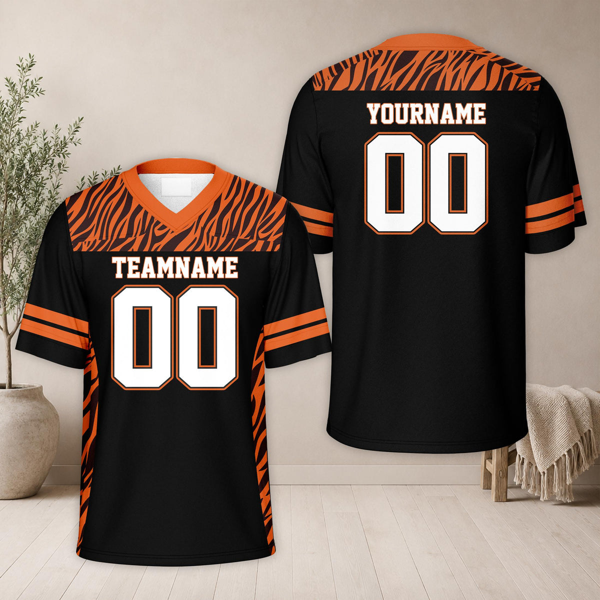 Front view of black animal print football jersey showing zebra pattern