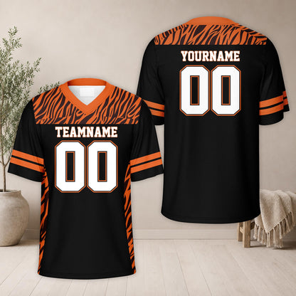 Front view of black animal print football jersey showing zebra pattern