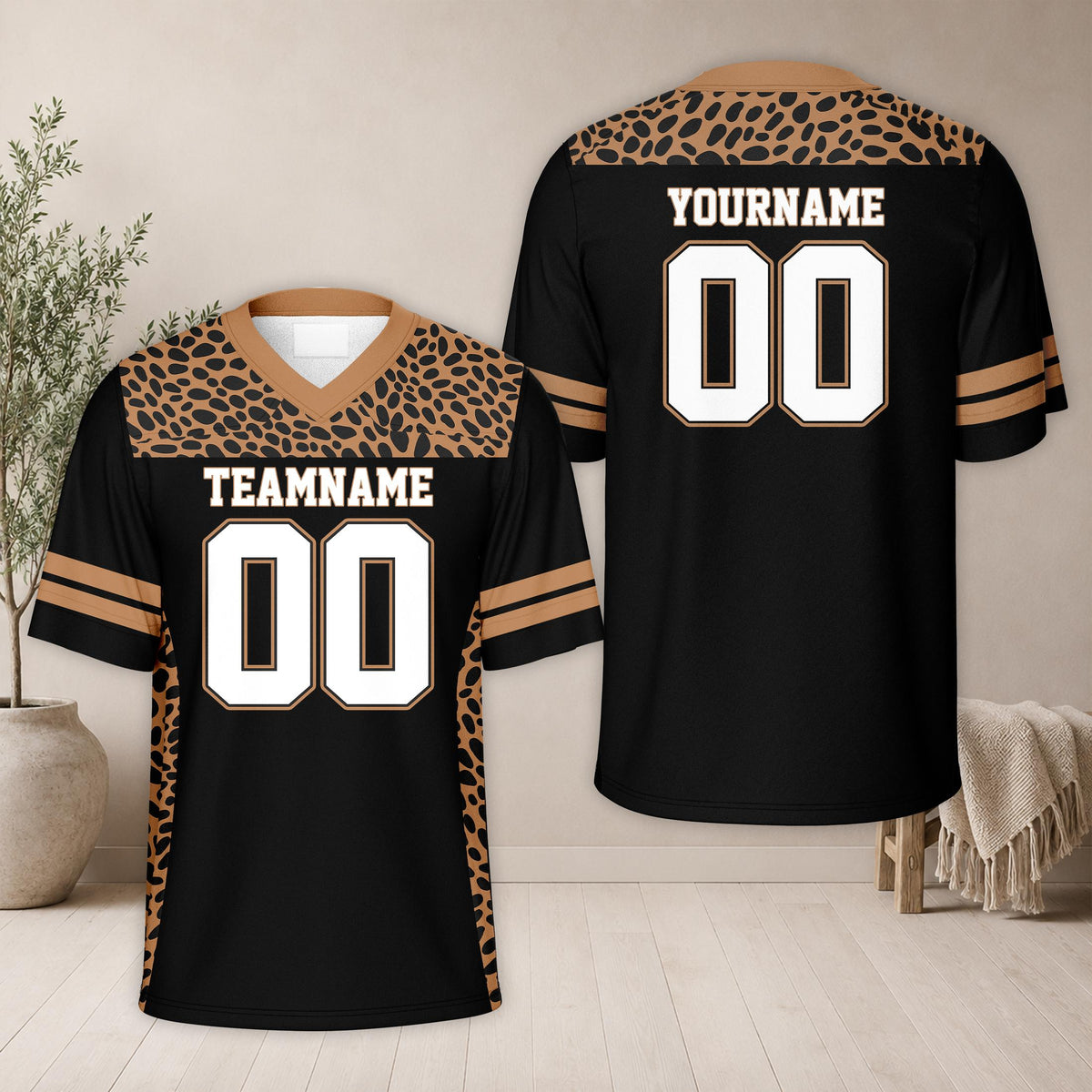Front view of black animal print football jersey showing cow pattern