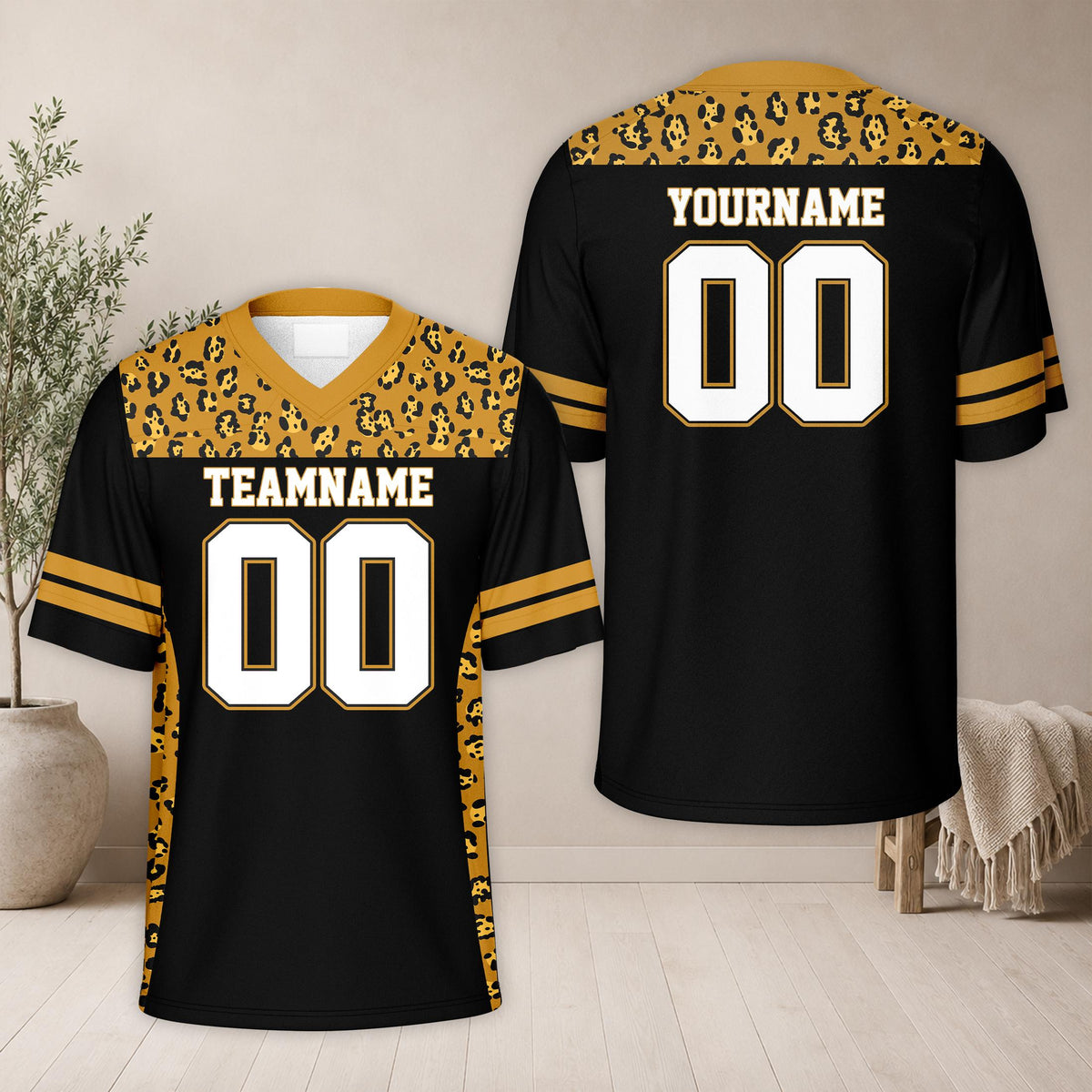 Front view of black animal print football jersey showing giraffe pattern