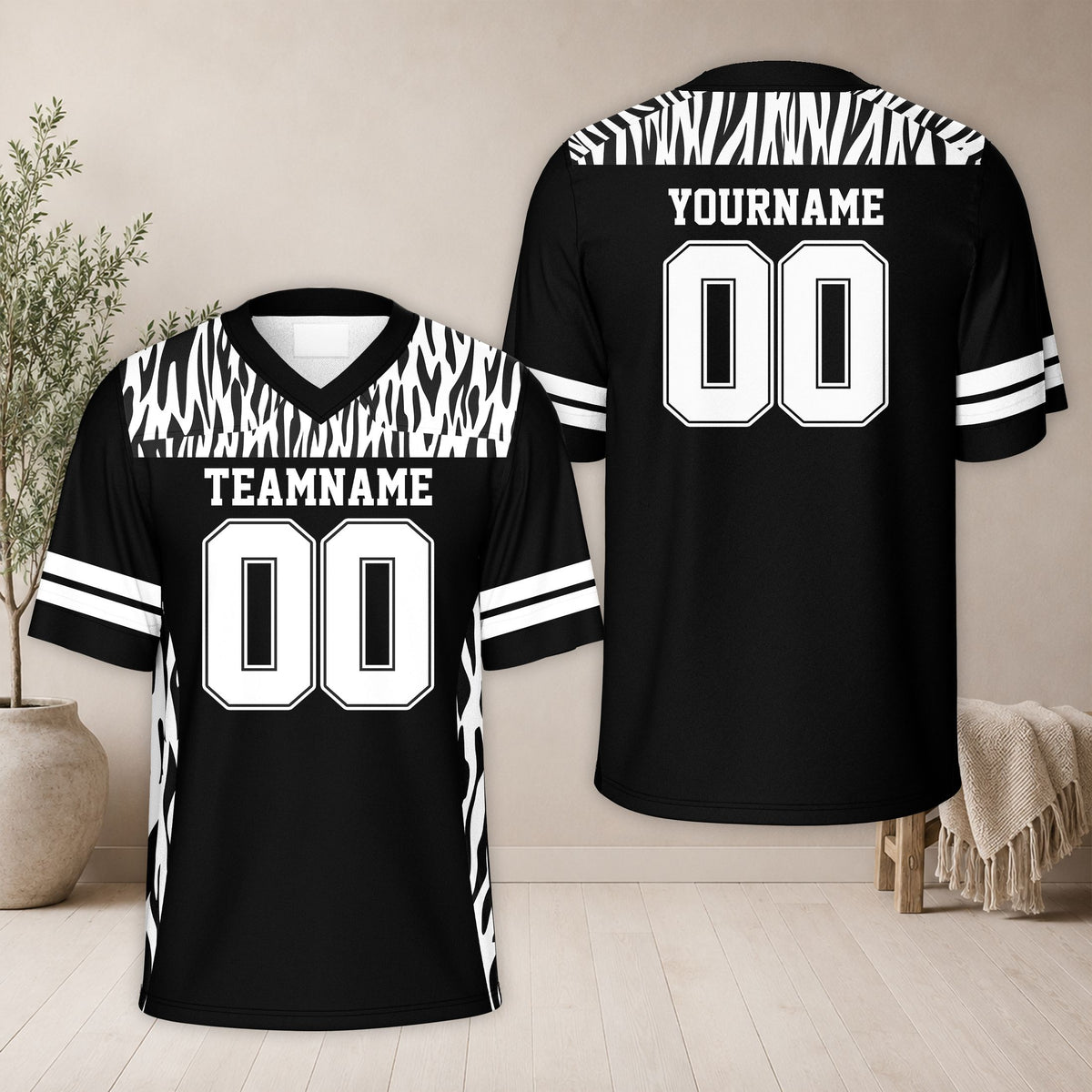 Front view of black animal print football jersey showing crocodile pattern