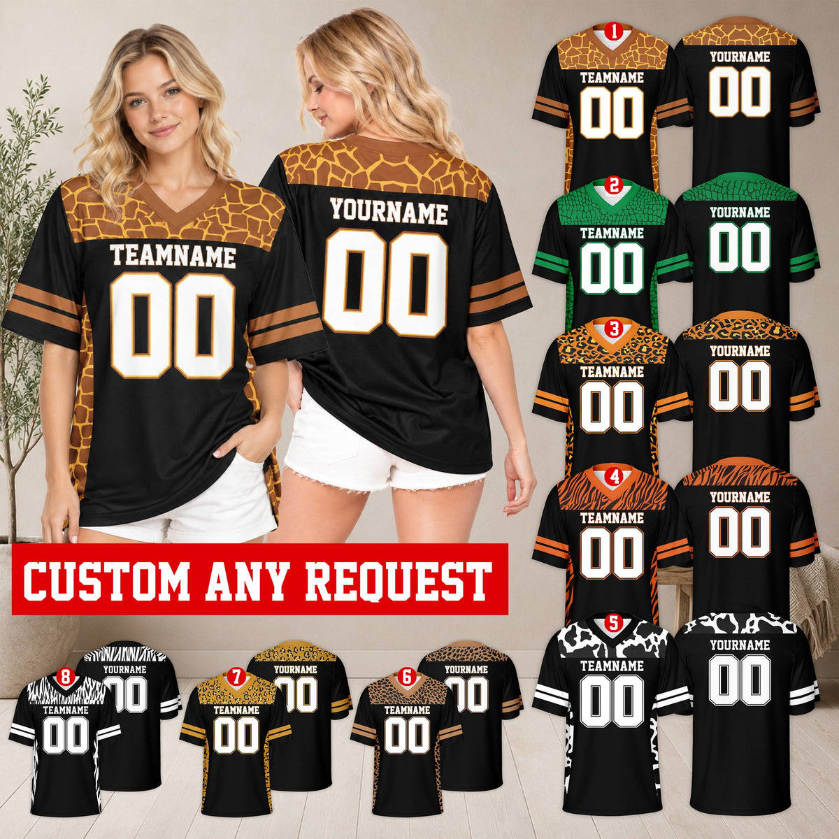 Lifestyle view of someone wearing a personalized animal print football jersey