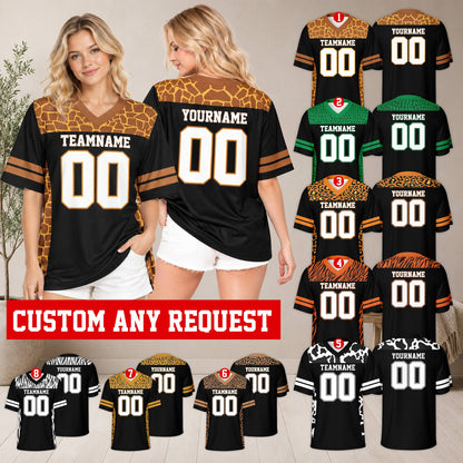Lifestyle view of someone wearing a personalized animal print football jersey