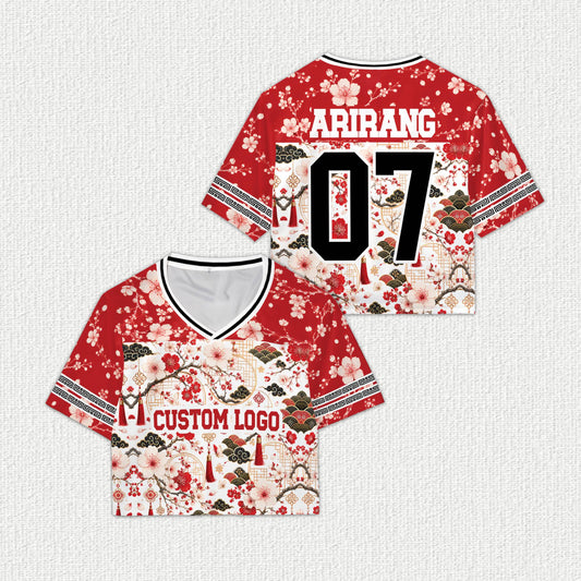 Asian floral football jersey in red, black, and white with custom name and number, front view