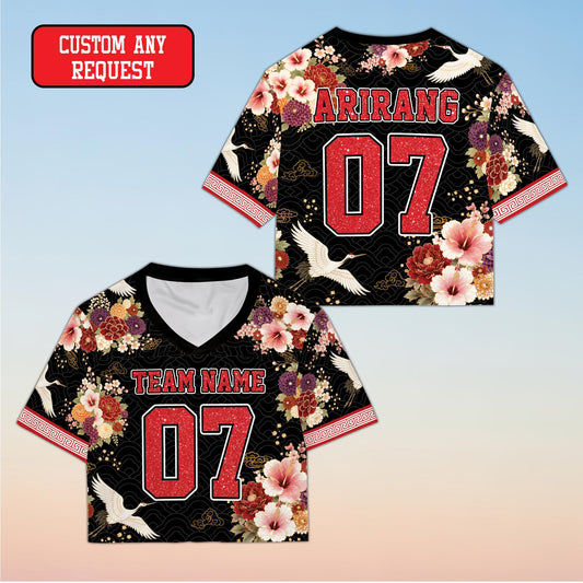Personalized black asian motifs, floral, cranes football jersey with custom name and number, front view