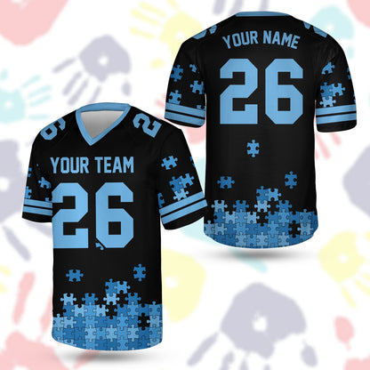 Personalized black autism awareness football jersey with custom name and number, front view