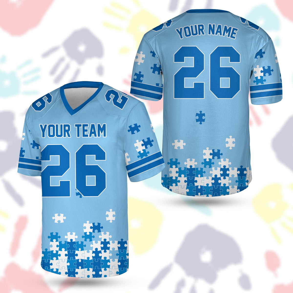 Personalized blue autism awareness football jersey showing puzzle piece motifs, alternate view