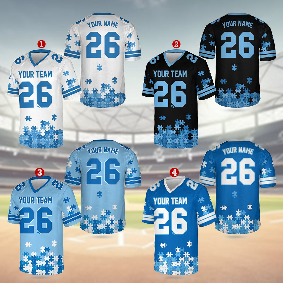Detailed front view of the personalized football jersey showing team name placeholder