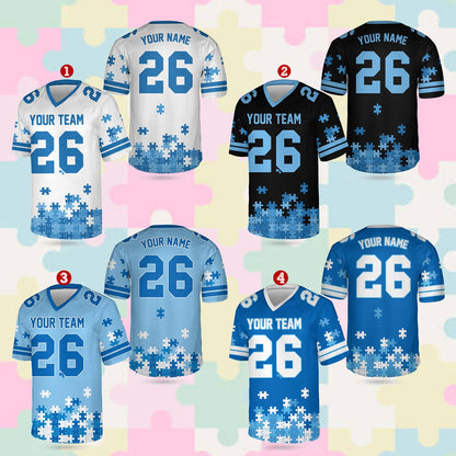 Close up showing the abstract puzzle piece pattern on the autism awareness football jersey