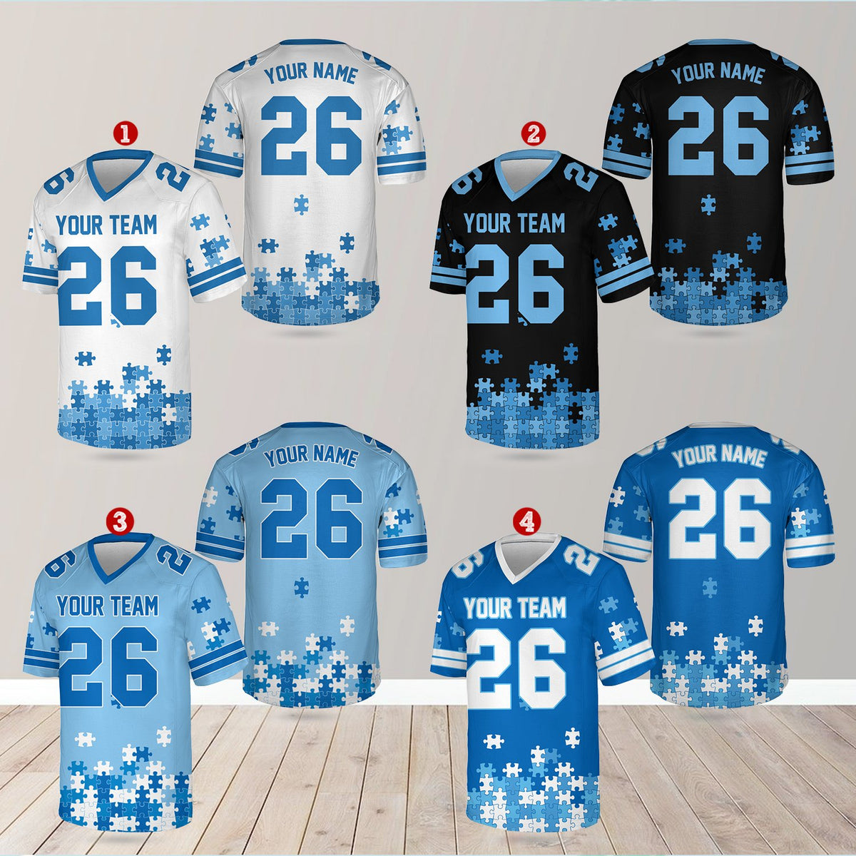 Close up front view of the custom autism awareness football jersey design