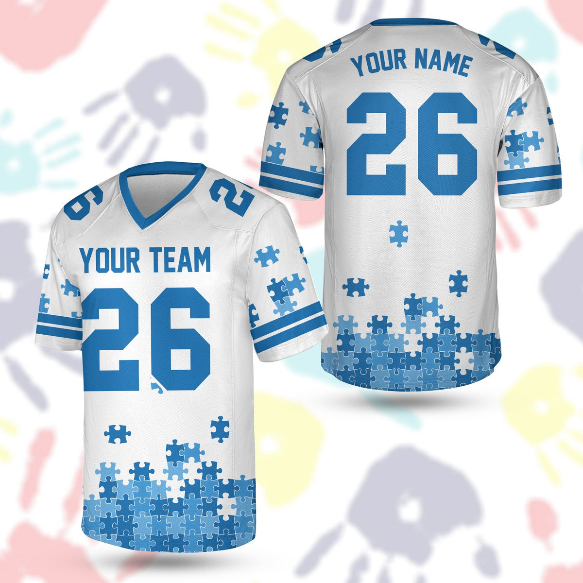 Personalized white autism awareness football jersey showing puzzle piece motifs, alternate view