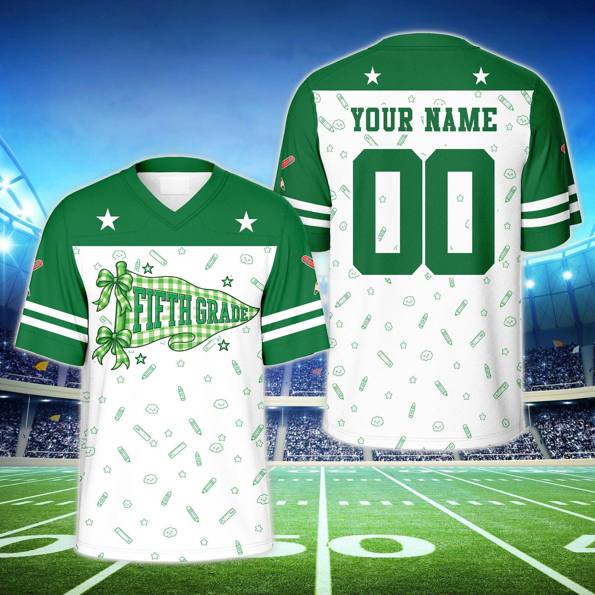 Back view of the back to school personalized football jersey