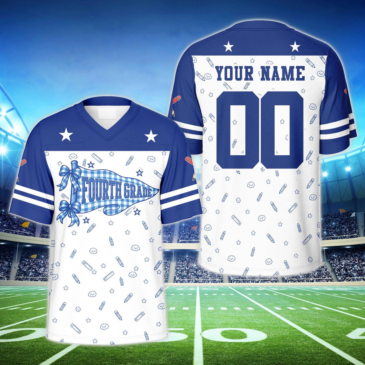 Front view of the personalized replica football jersey in blue with back to school theme and grade pennant